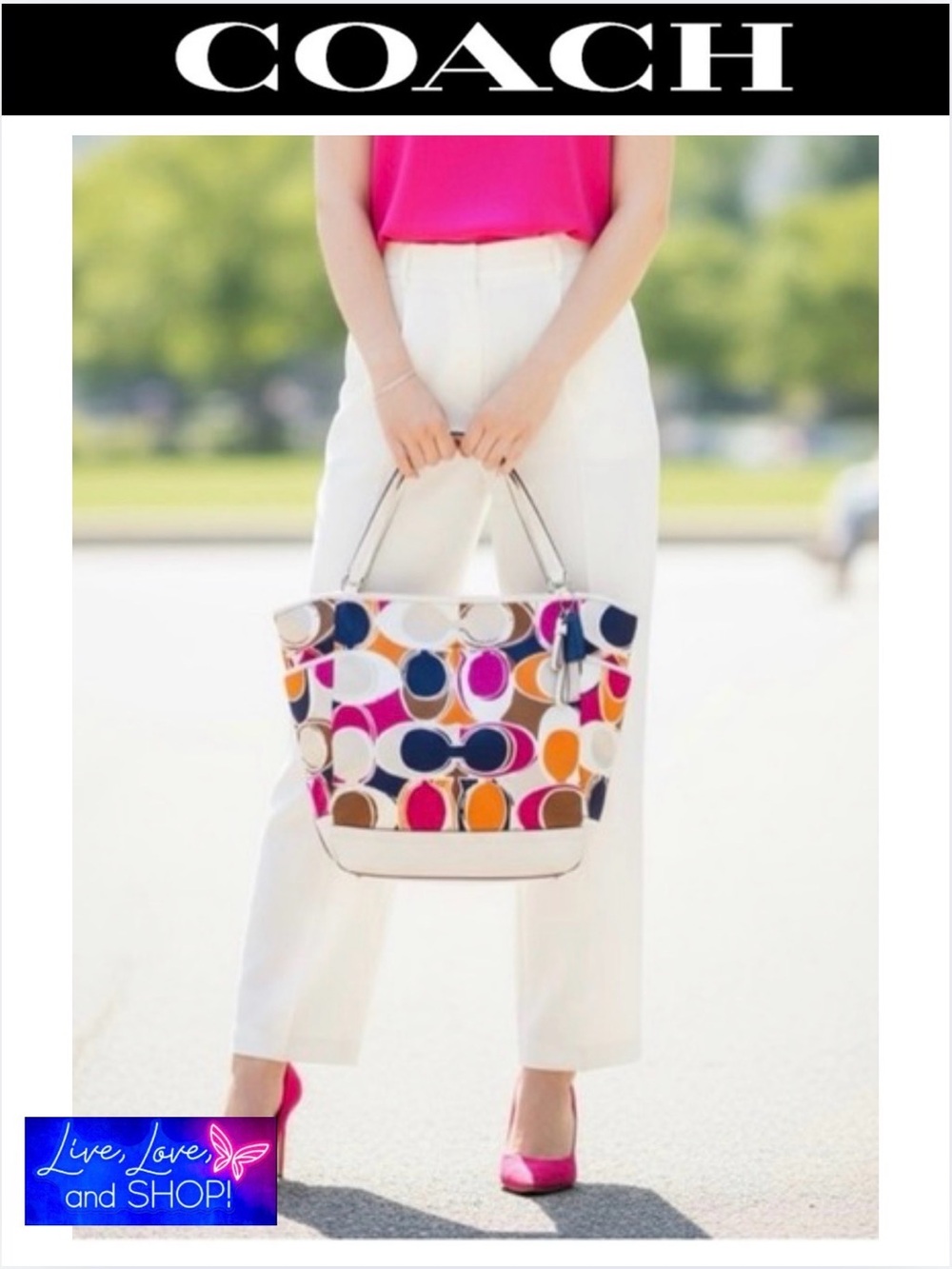 COACH White & Multicolor Part Op Art Satin & Leather Carrie Tote, EUC